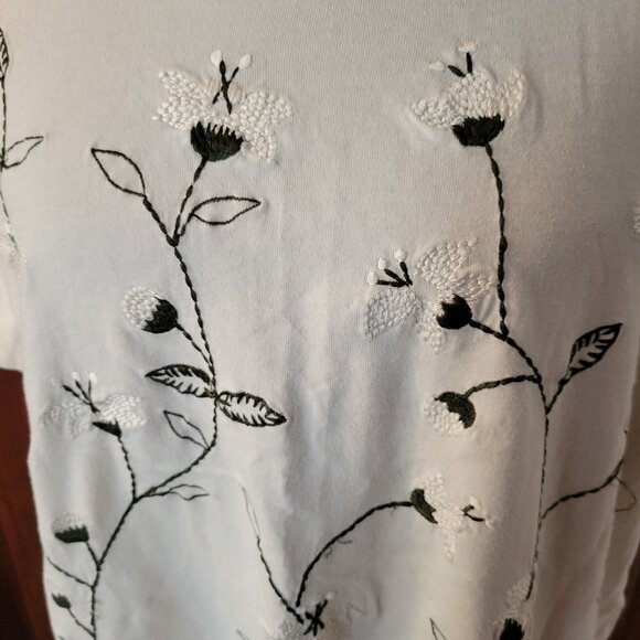 Vtg Talbots Womens Ivory Floral Embroidered Short Sleeve Cotton T-Shirt Size L - Picture 3 of 5